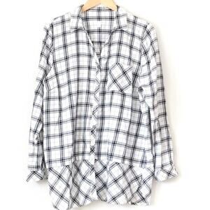 J Jill Women’s Size XL Flannel White Plaid Curved Hem Tunic Button Cotton Shirt